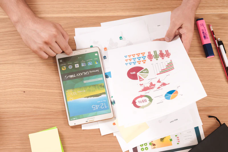 Charts and a tablet on a desk